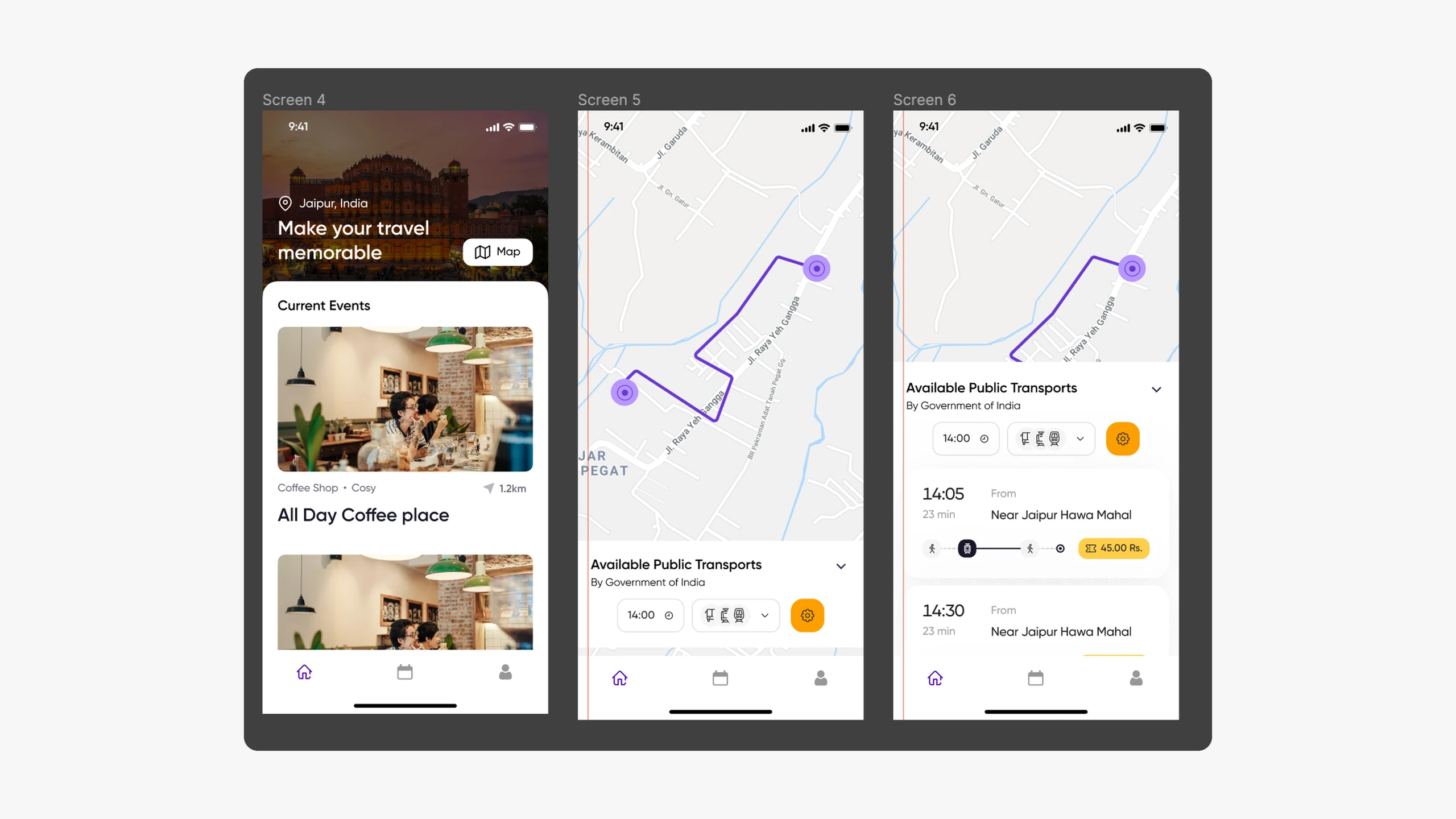 Screens 4 to 6: current events nearby, a route on the map, and public transport options