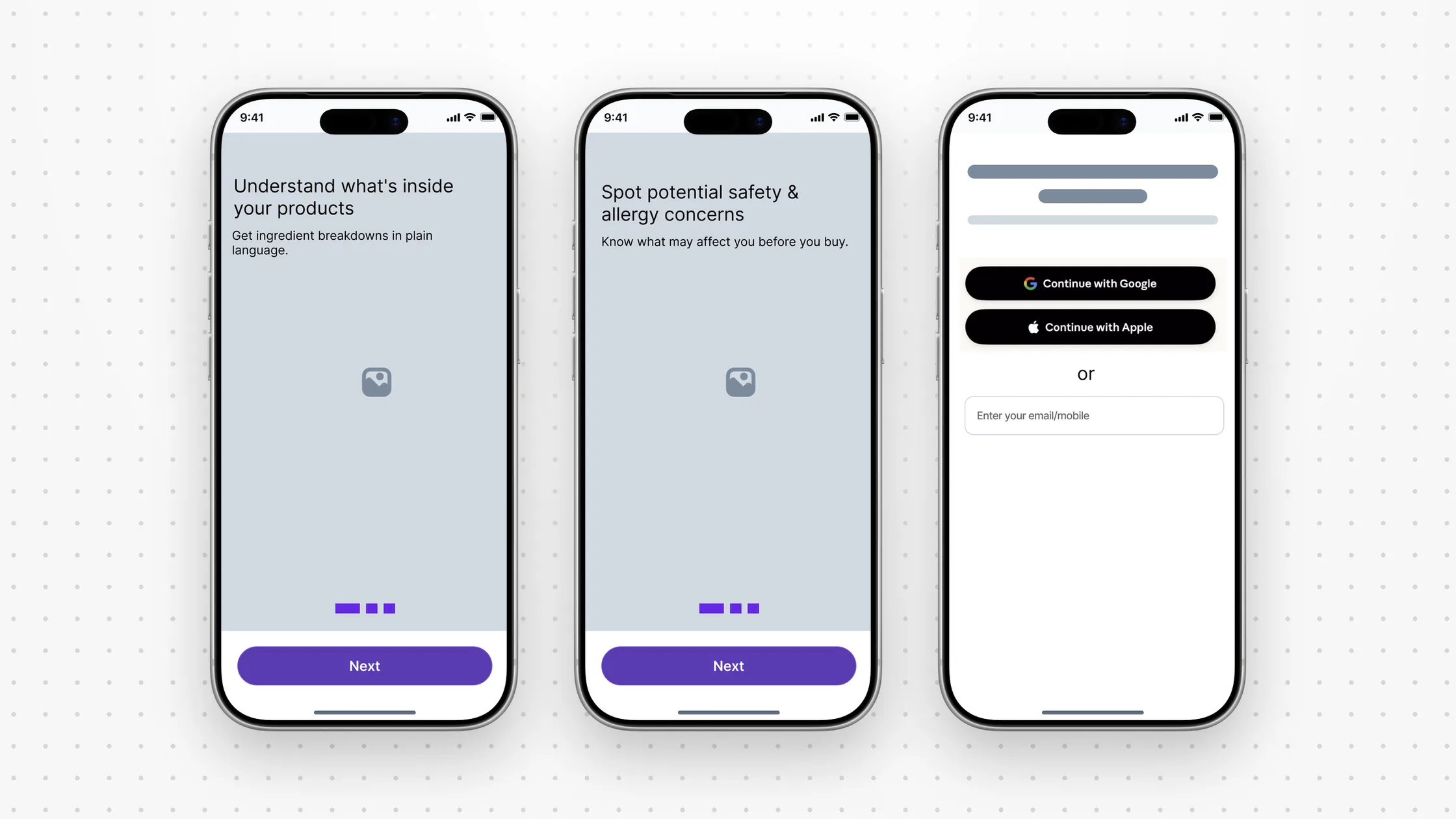 Lo-fi: one benefit per screen, then a single sign-in screen