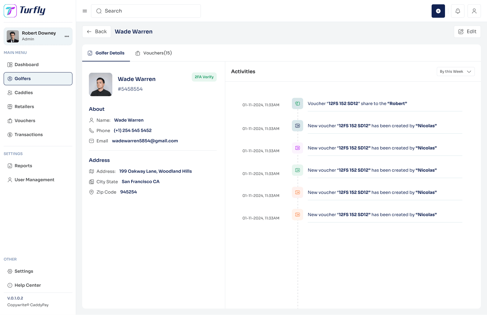 Turfly user profile and voucher history interface