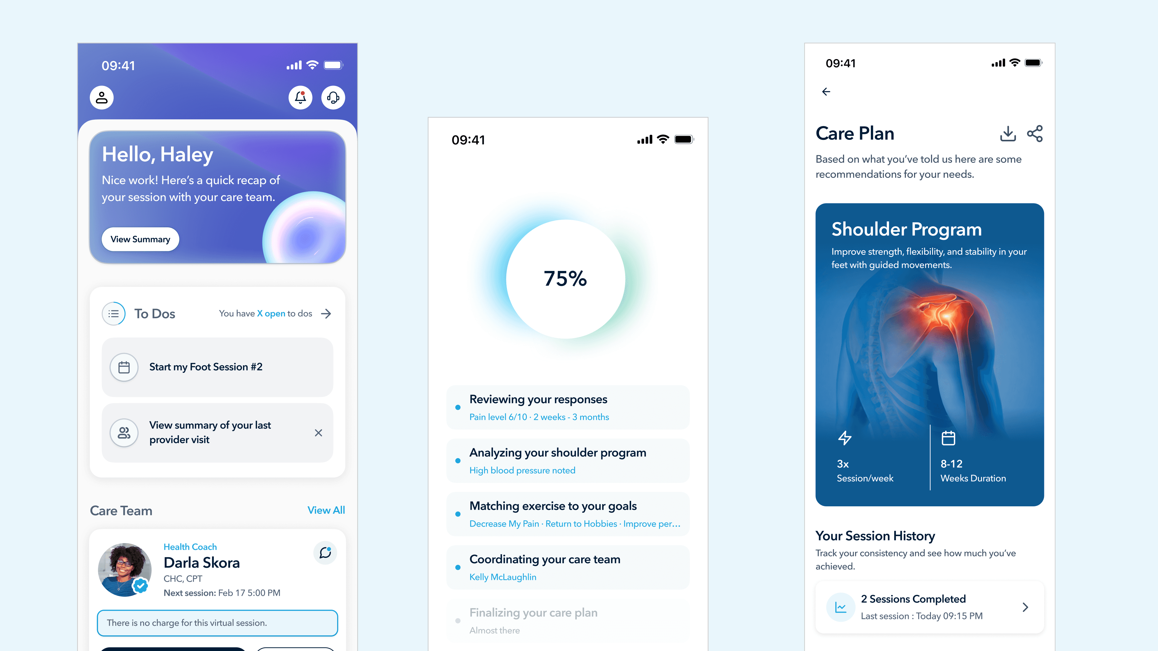 Healthcare onboarding interface showing a personalized care plan