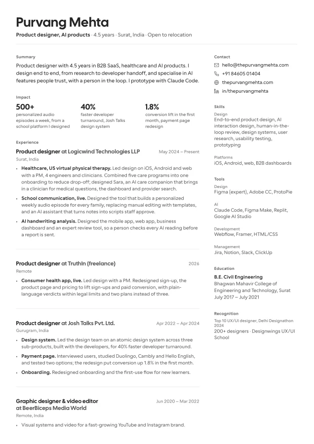 The first page of the resume that will be sent